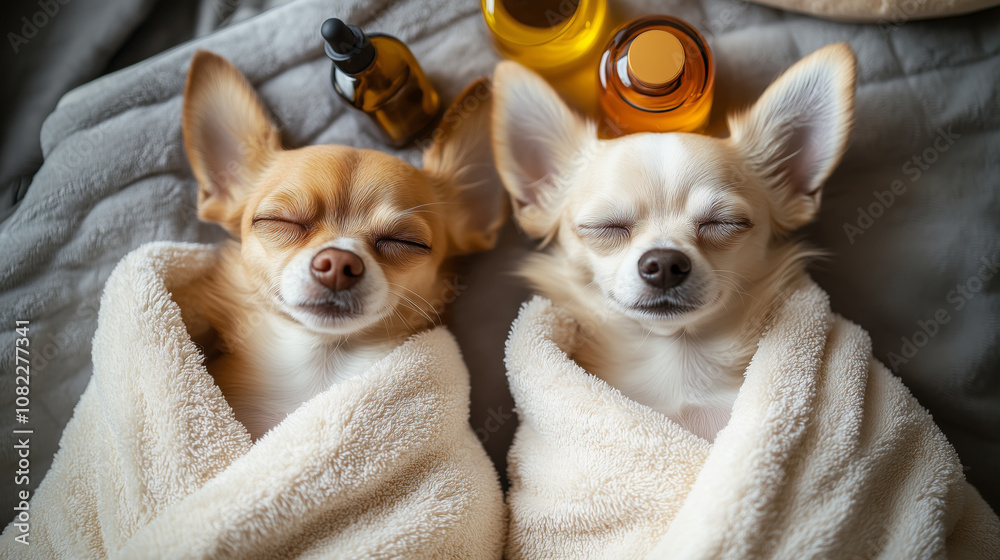 Two chihuahuas relaxing in cozy towels with essential oils on a soft blanket