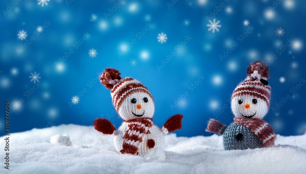 little knitted snowmans on soft snow on blue background little knitted snowmans on soft snow on blue background