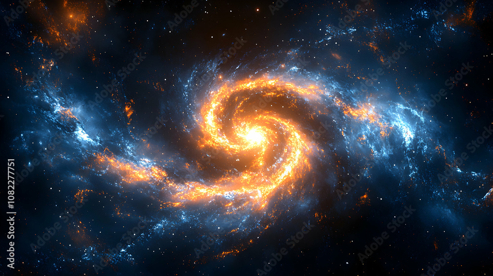 Fiery Cosmic Spiral Galaxy: A 3D Rendered Abstract Background of swirling nebulae with bright orange and blue hues, cosmic dust, and distant stars. Fiery Cosmic Spiral Galaxy: A 3D Rendered Abstract Background of swirling nebulae with bright orange and blue hues, cosmic dust, and distant stars.