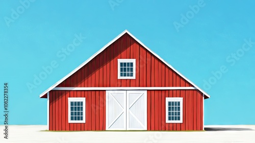 A charming red barn with white trim against a clear blue sky, showcasing a classic rural aesthetic.