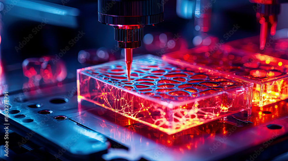 High-resolution close-up of bioprinting vascular networks, intricate cell patterns, glowing bioprinting lab High-resolution close-up of bioprinting vascular networks, intricate cell patterns, glowing bioprinting lab
