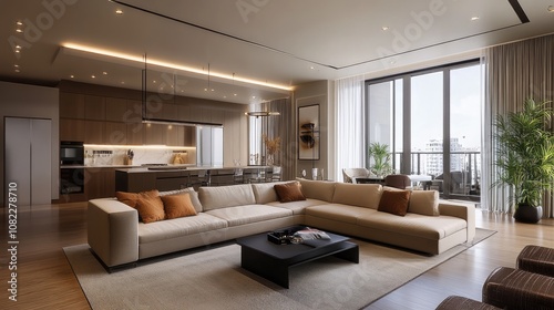 Spacious modern living room featuring a beige sectional sofa with earthy accents in a stylish urban apartment.