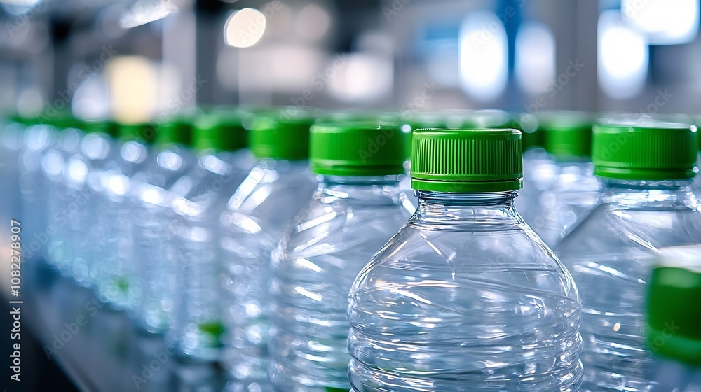 Glossy Cap Retail, Close-Up of Shrink-Wrapped Plastic Bottles with Green Caps and Glossy Reflective Texture for Product Presentation