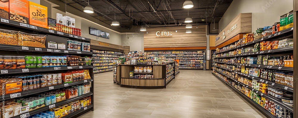 A well-organized grocery store interior showcasing various food and drink products. A well-organized grocery store interior showcasing various food and drink products.