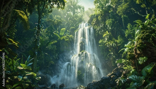 Two Elephants Bathing Beneath a Lush Waterfall in a Tropical Rainforest