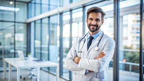 Confident Male Doctor Standing Arms Crossed In Clinic