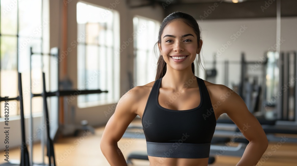 Fit latina woman in gym setting showcasing athleticism and confidence for fitness inspiration Fit latina woman in gym setting showcasing athleticism and confidence for fitness inspiration