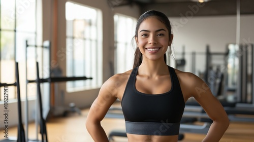 Fit latina woman in gym setting showcasing athleticism and confidence for fitness inspiration