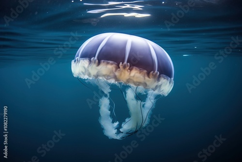 Diplulmaris Antarctica, Rare jellyfish close-up, dark background. AI generated. photo