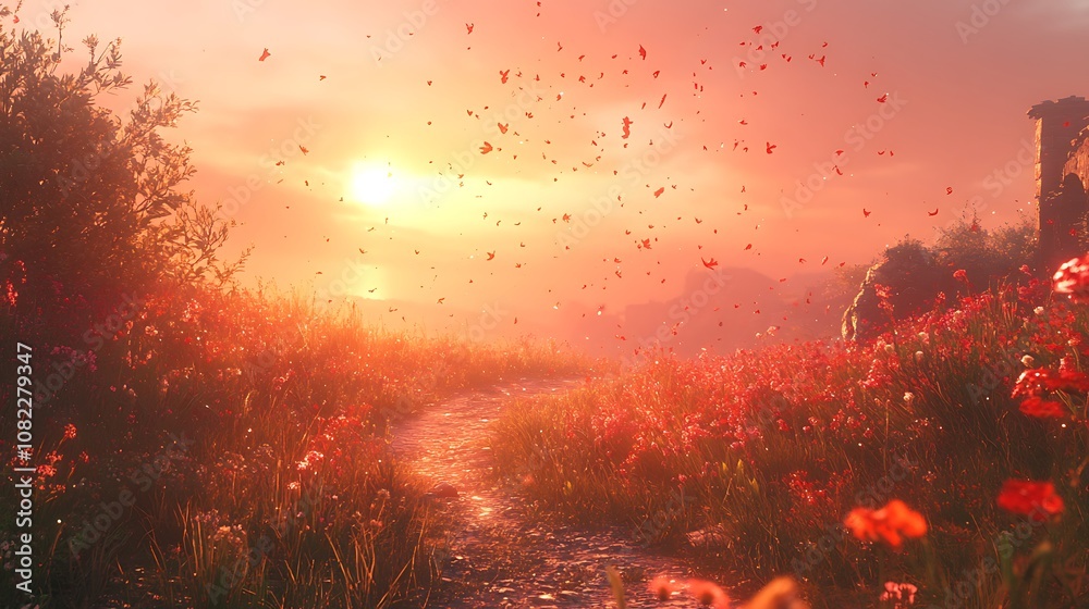 Sunset pathway flower field nature vibrant landscape scenic view tranquil atmosphere Sunset pathway flower field nature vibrant landscape scenic view tranquil atmosphere