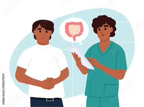 Crohns and Colitis Awareness Week. Doctor with tablet talking to smiling female patient in hospital. Vector illustration in flat style