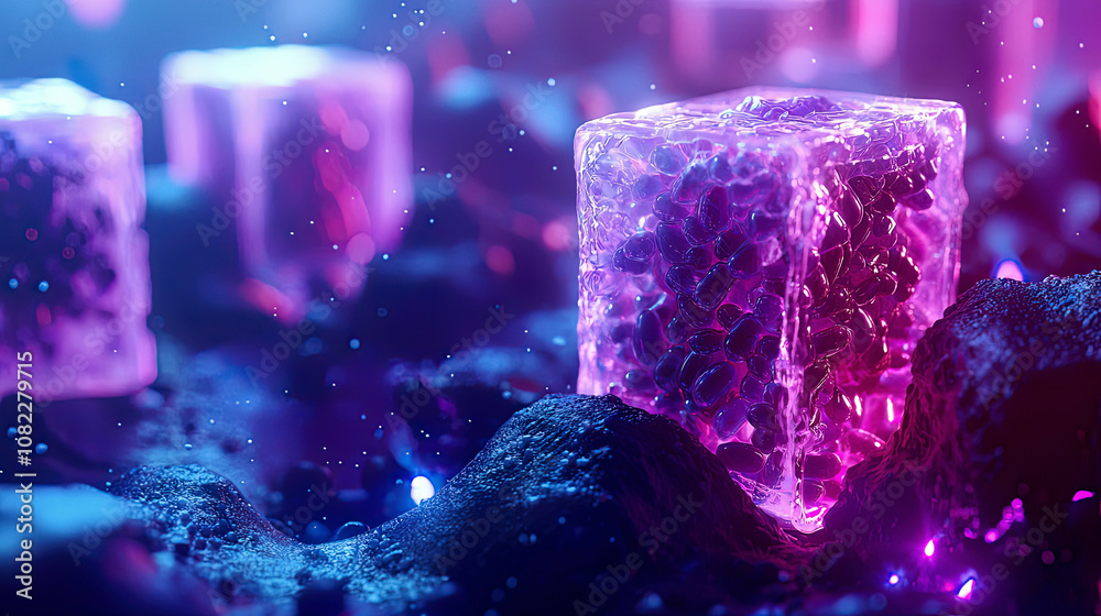 High-resolution image of bioprinting bone marrow, detailed cell structures, glowing futuristic lab High-resolution image of bioprinting bone marrow, detailed cell structures, glowing futuristic lab