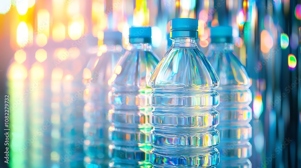 Glossy Cap Retail, Vibrant Composition of Transparent Water Bottles in Colorful Light Glossy Cap Retail, Vibrant Composition of Transparent Water Bottles in Colorful Light