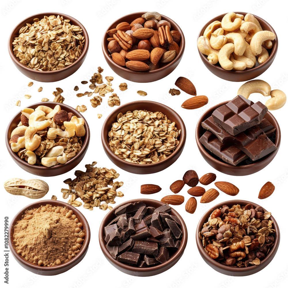 Assorted nuts oats chocolate bowls, diverse healthy snack ingredients, top view arrangement, vibrant and delicious mix Isolated on white background or PNG