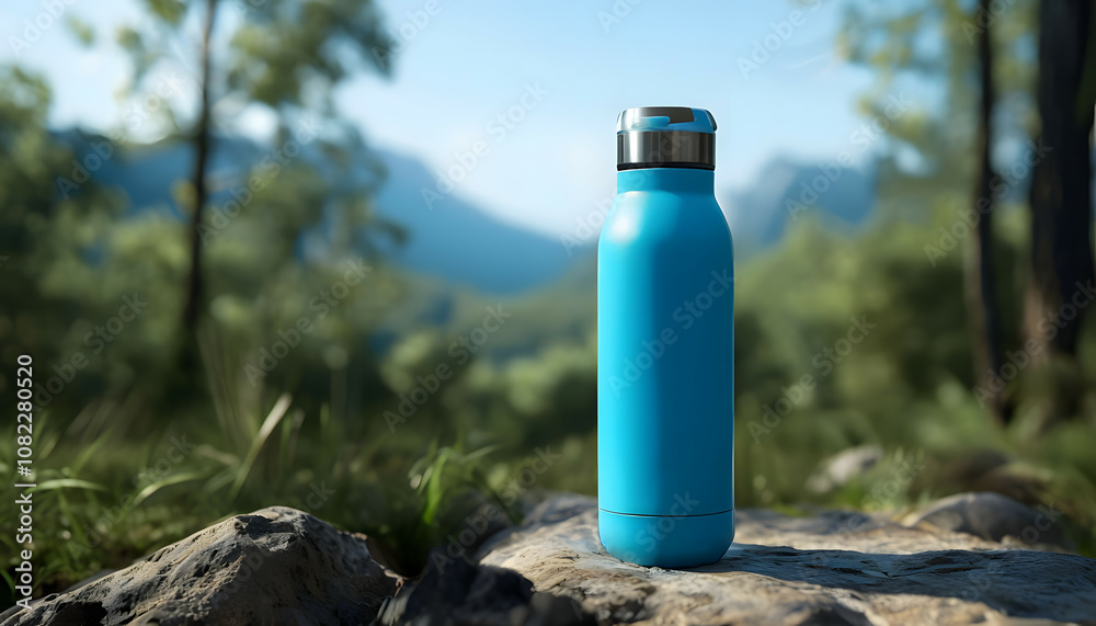 blank blue colored thermo water bottle in the nature scene background blank blue colored thermo water bottle in the nature scene background