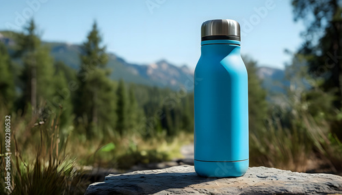 blank blue colored thermo water bottle in the nature scene background