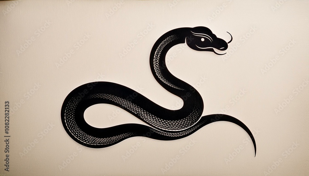 Obraz premium 和紙の質感が美しいクリーム色の背景に、中央に黒い蛇のシルエットが配置されたシンプルな和風デザイン。