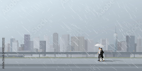 Cityscape in rainy day with couple of lover under umbrella walking on the sidewalk have skyscraper and dusk sky background graphic illustration.