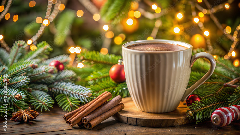 Festive cup of hot chocolate surrounded by Christmas decorations, cozy ambiance, joyful atmosphere Festive cup of hot chocolate surrounded by Christmas decorations, cozy ambiance, joyful atmosphere