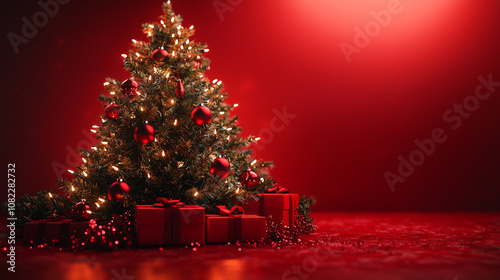 Elegant Christmas Tree with White Lights and Red Ornaments. Generative AI