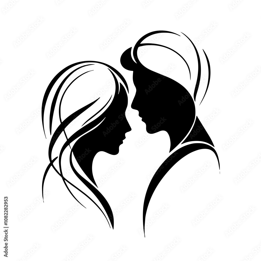 A black and white silhouette of profiles of lovers man and woman, lovers couple, minimalist stroke, minimalist art style, vector, isolated, transparent background A black and white silhouette of profiles of lovers man and woman, lovers couple, minimalist stroke, minimalist art style, vector, isolated, transparent background