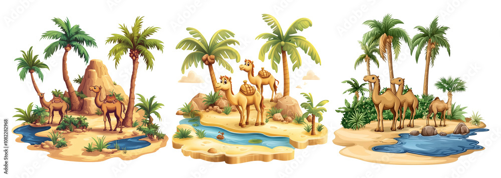 Obraz premium Cartoon Camels in Desert Landscape with Palm Trees
