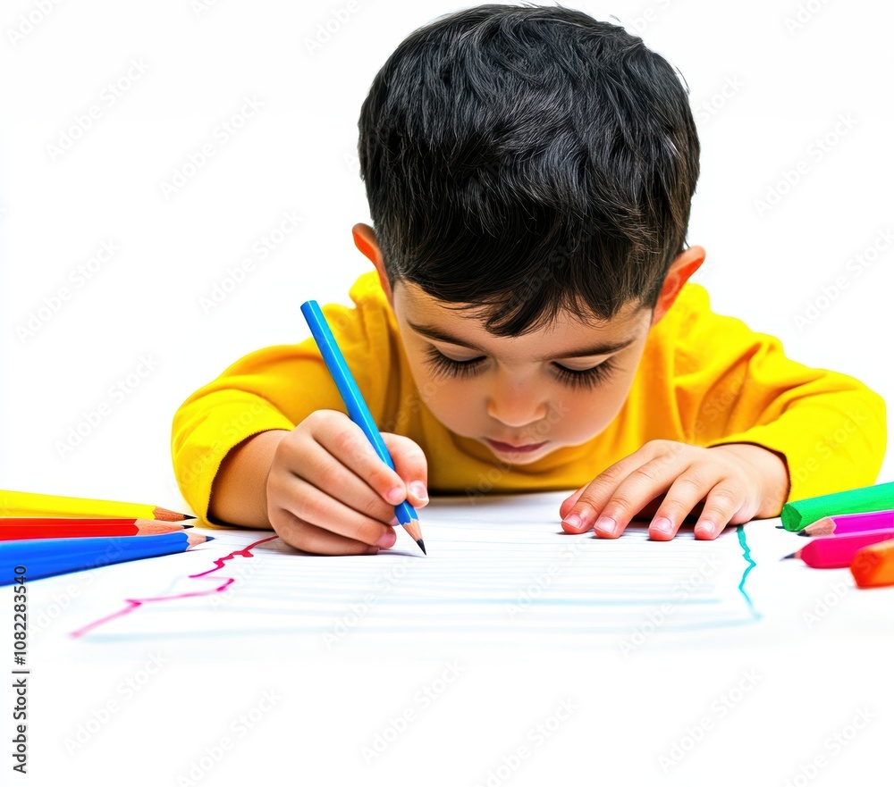 Child focused on drawing with colored pens on white background. Child focused on drawing with colored pens on white background.