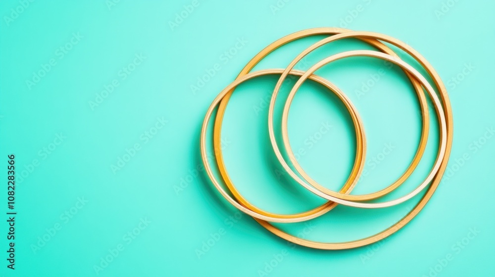 Three interlocking hoops on a turquoise background. Three interlocking hoops on a turquoise background.