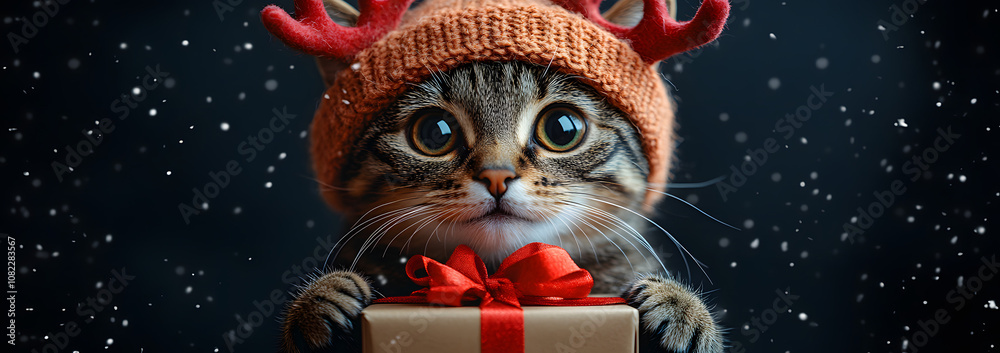 A whimsical illustration of a cat with festive antlers holding out a wrapped present, set against a black background, capturing the playful and magical spirit of Christmas gift-giving.
A whimsical illustration of a cat with festive antlers holding out a wrapped present, set against a black background, capturing the playful and magical spirit of Christmas gift-giving.