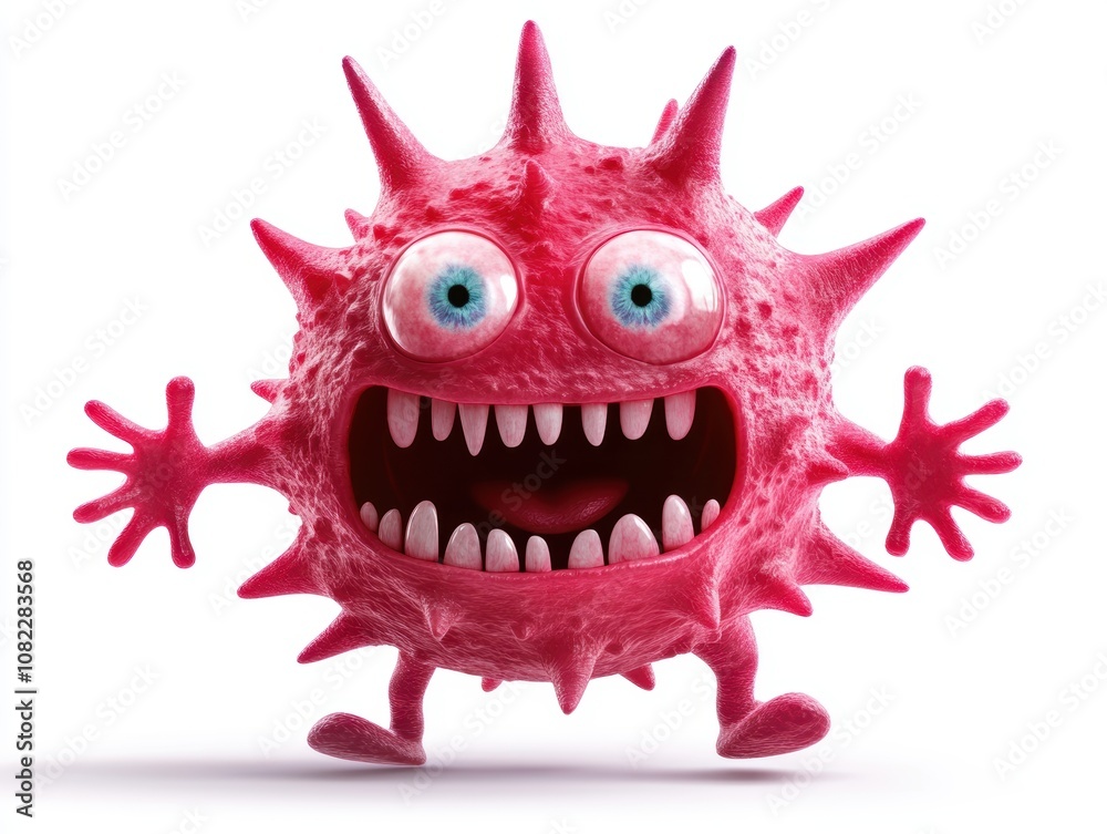Cartoonish pink virus character with eyes and sharp spikes, white isolated background. Cartoonish pink virus character with eyes and sharp spikes, white isolated background.