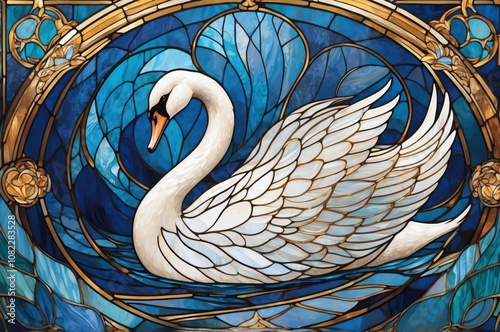 Fantasy abstract portrait of an elegant white swan bird animal with a colorful stained glass decoration.
 photo