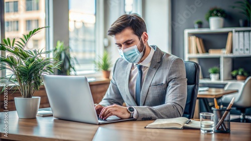 Man Employee In Office Wearing Face Mask Working