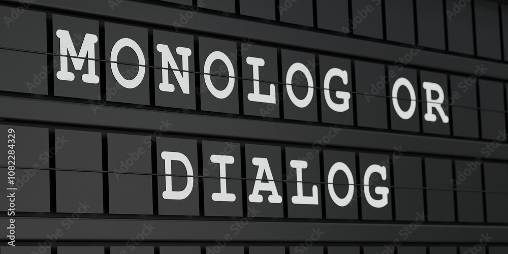 Monolog or Dialog. Black timetable display with white text. communication, speech, lecture, discourse. 3D illustration Monolog or Dialog. Black timetable display with white text. communication, speech, lecture, discourse. 3D illustration