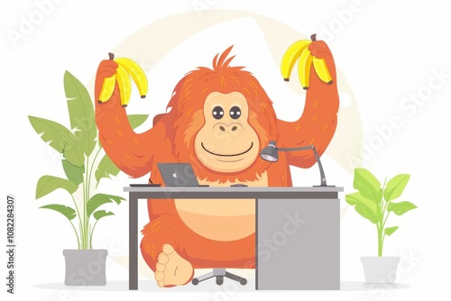 Cartoon orangutan happily holding bananas at a desk with green plants in pots, creating a vibrant and cheerful office atmosphere for playful and creative themes photo