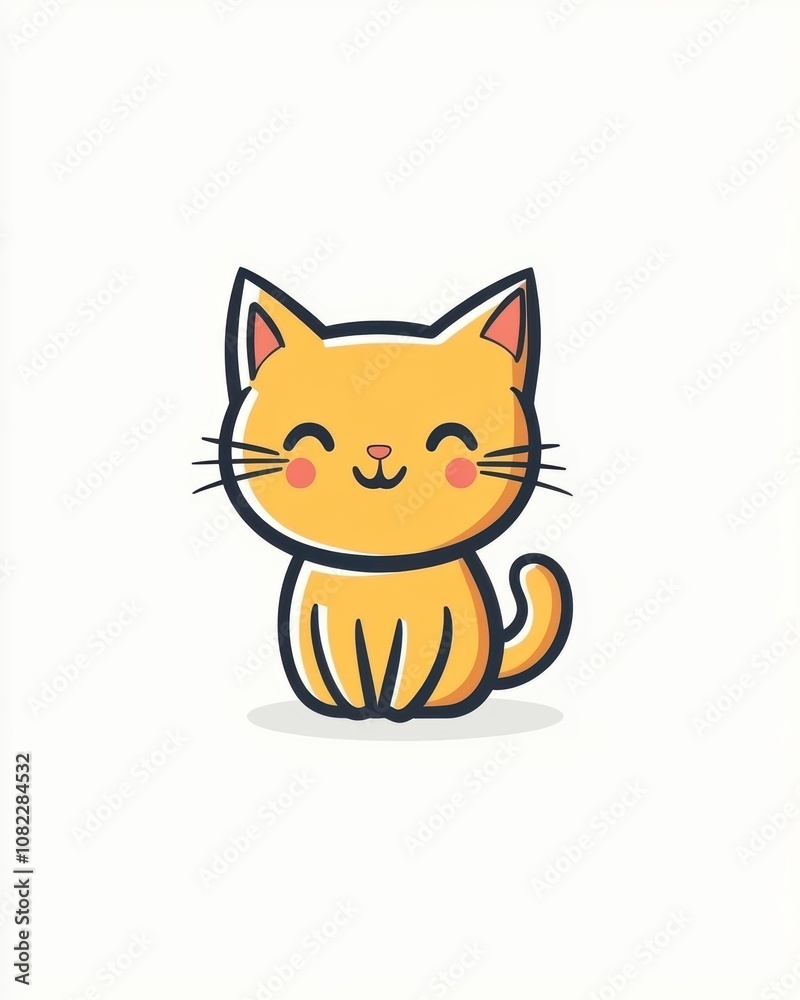 Cute cartoon cat sitting with a joyful expression, white isolated background.