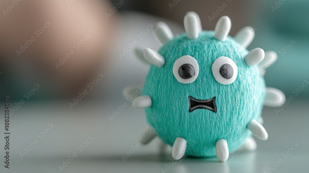 Cute Green Virus with Big Eyes and a Worried Expression Cute Green Virus with Big Eyes and a Worried Expression