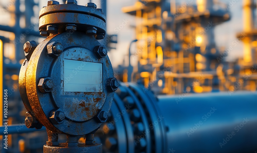 Obraz premium Industrial scene featuring a rusty valve and pipes in a refinery setting.