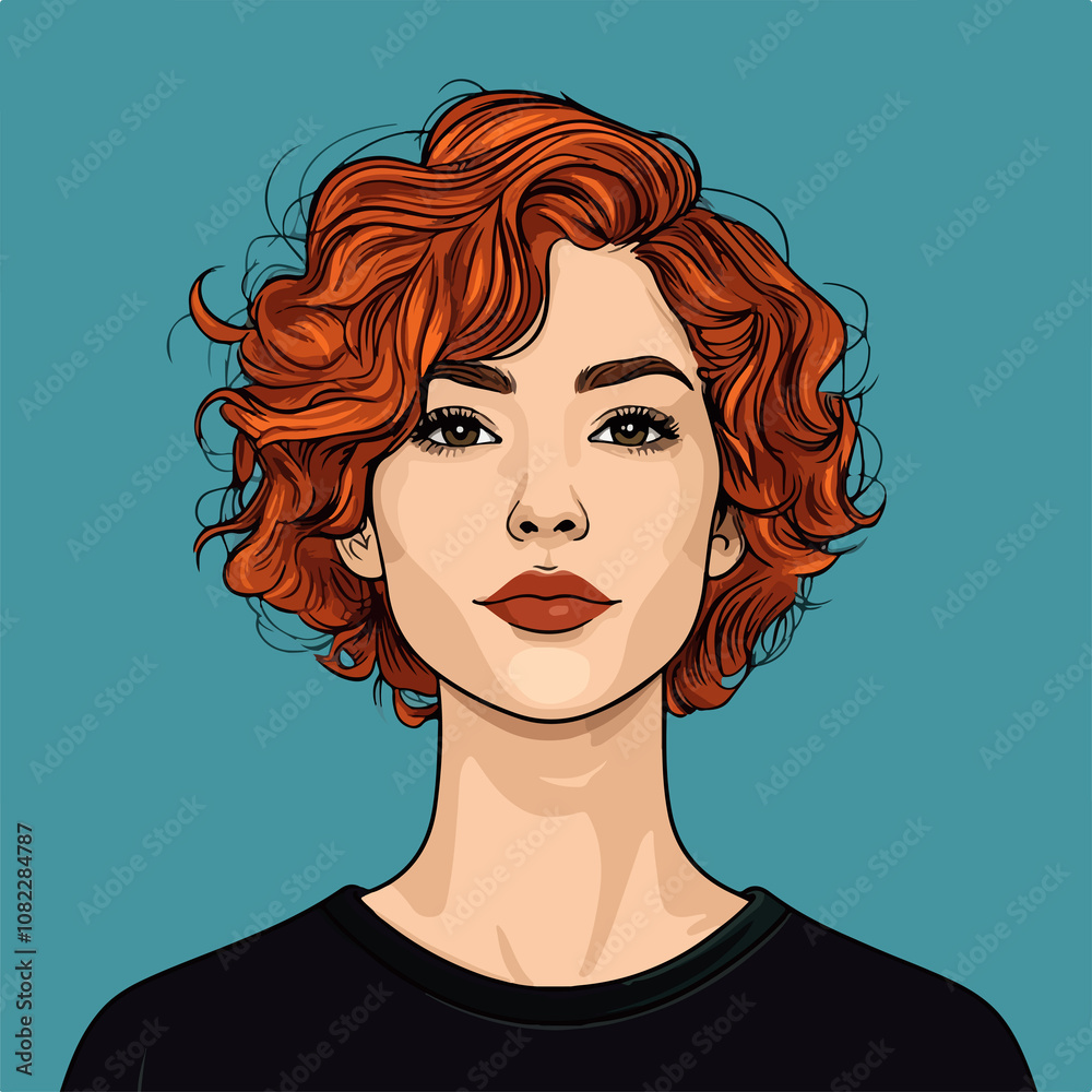 Vibrant Pop Art Portrait of Young Woman with Short Red Curly Hair Vibrant Pop Art Portrait of Young Woman with Short Red Curly Hair