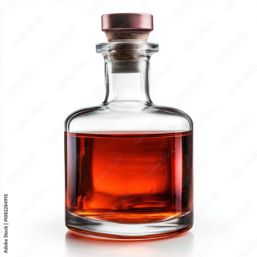 Elegant glass decanter with amber liquid, isolated on a white background. Elegant glass decanter with amber liquid, isolated on a white background.