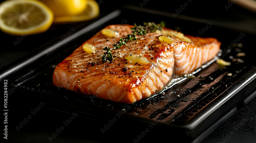 Grilled Salmon Fillet with Lemon and Thyme: A Delicious and Savory Dish, Perfectly Cooked on a Grill Pan Grilled Salmon Fillet with Lemon and Thyme: A Delicious and Savory Dish, Perfectly Cooked on a Grill Pan