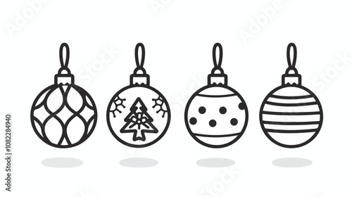 Christmas Ball Black White Line Icons Flat Vector