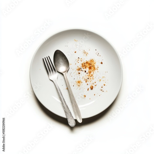 Empty plate with crumbs, fork and spoon, white isolated background.