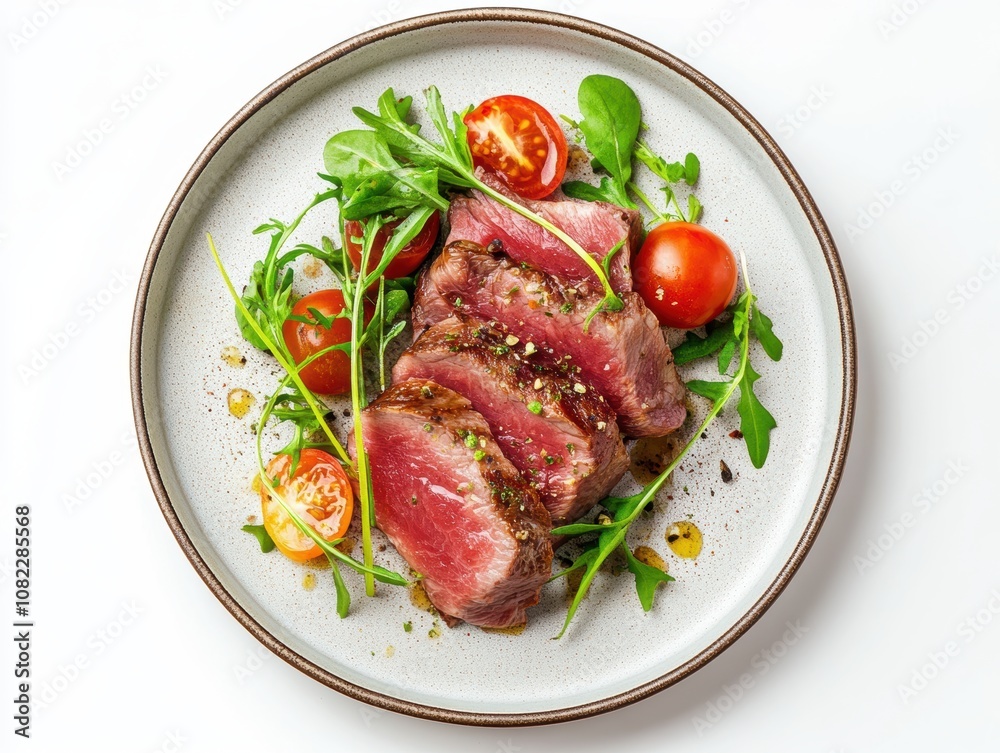 Juicy steak with fresh tomatoes and rocket on a white plate, isolated background. Juicy steak with fresh tomatoes and rocket on a white plate, isolated background.