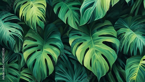 Abstract jungle leaves in bold shades of green with hints of sunlight, Ai Generated