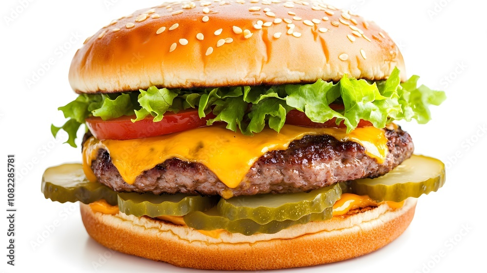 A juicy cheeseburger, topped with lettuce, tomato, pickles, and melted cheddar cheese.
A juicy cheeseburger, topped with lettuce, tomato, pickles, and melted cheddar cheese.