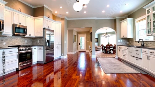 Luxury kitchen interior with wooden floor 