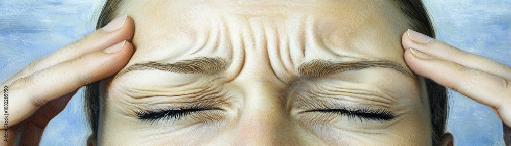 Fototapeta premium A close-up of a person pressing their temples, indicating stress or headache.