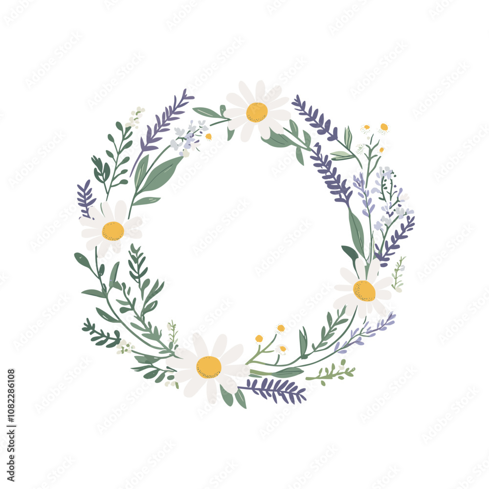 Fototapeta premium Daisy and Lavender Wreath Botanical Illustration in Soft Pastel Colors