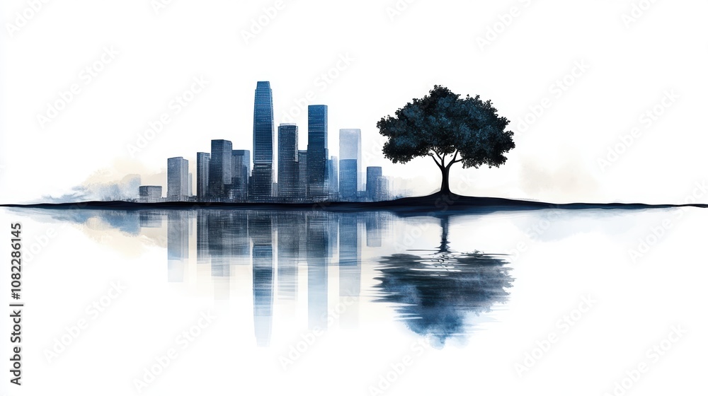 Fototapeta premium Serene Cityscape Modern Buildings Tree Water Reflection Blue Hues Peaceful Urban Nature