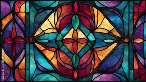 Abstract stained glass pattern with rich jewel tones and dark outlines, Ai Generated